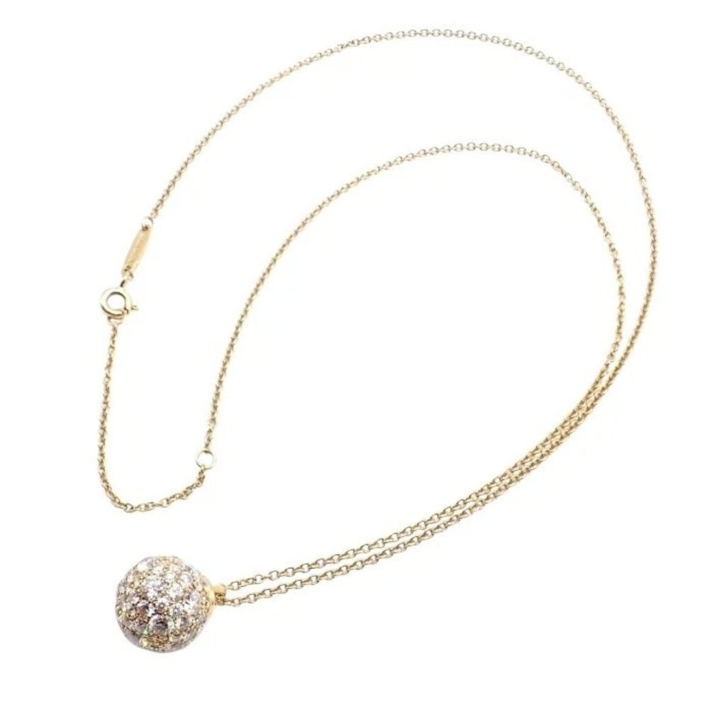 Authentic! Tiffany & Co 18k Yellow Gold Hardware Diamond Ball Pendant Necklace